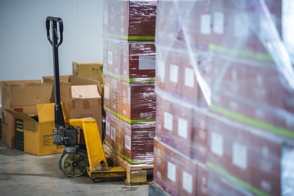 Goods on pallets protected by stretch foil for transport